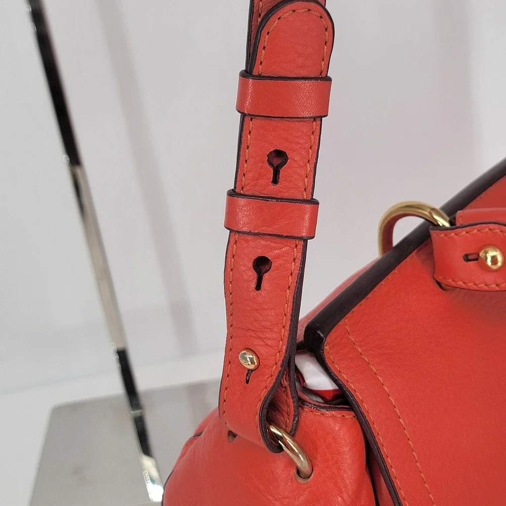MCM Satchel Handbag Coral Orange Pebbled Leather Gold Hardware 2-in-1 Crossbody